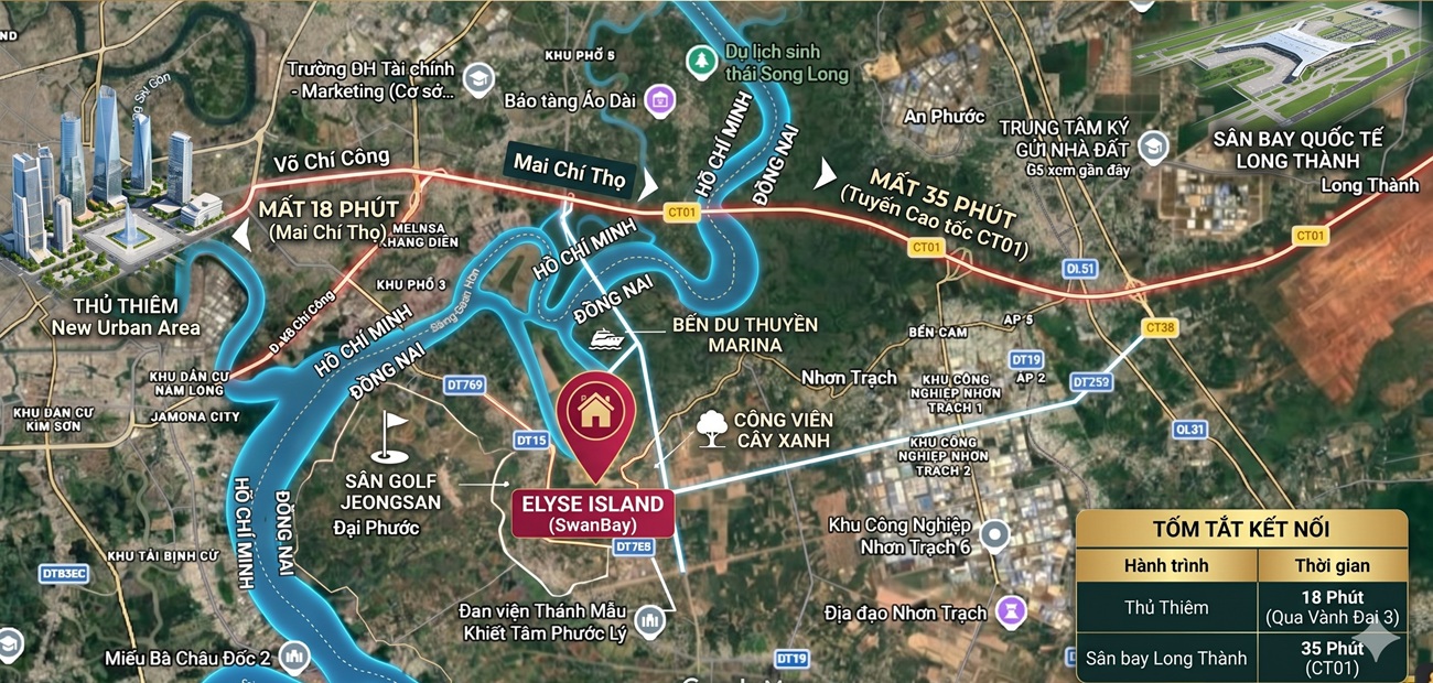 Từ Elyse Island đi đến Sân bay Quốc tế Long Thành và Trung tâm TP.HCM mất bao nhiêu phút?